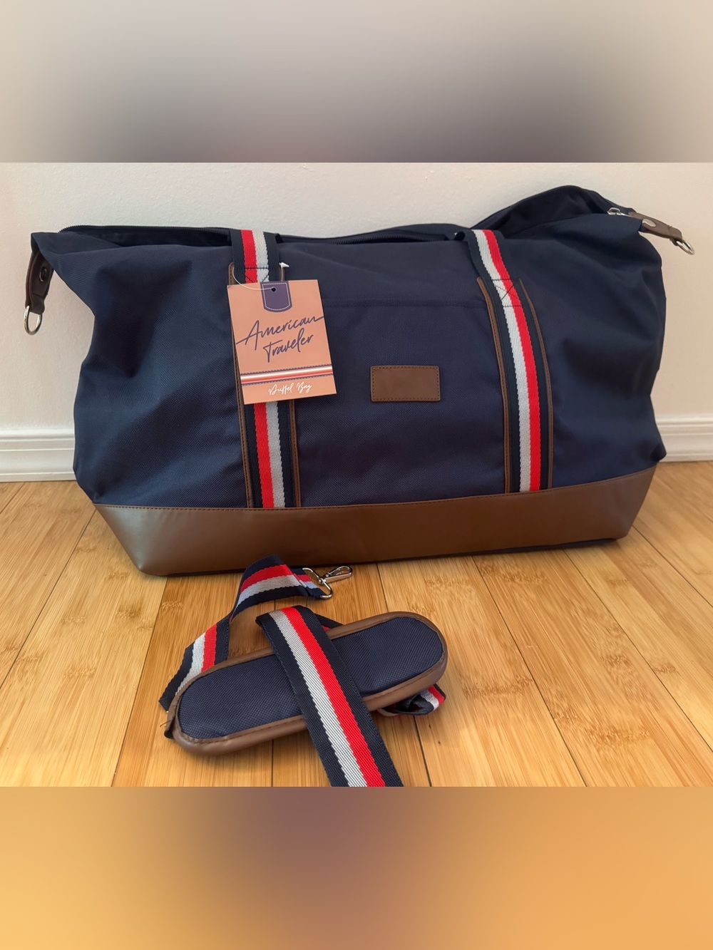 Navy Duffel Bag with Tricolor Straps and Brown Base